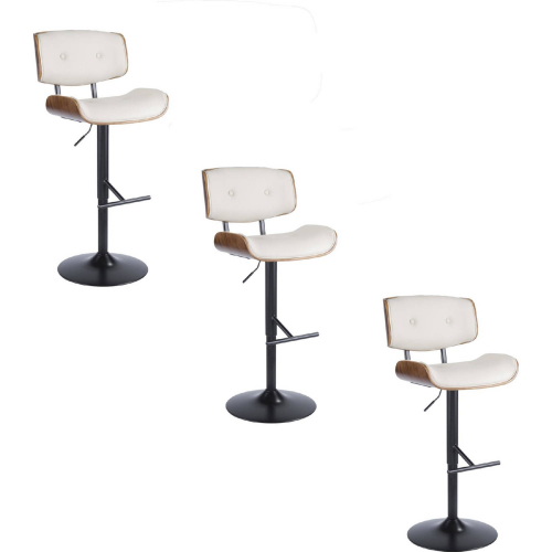 Lombardi Adjustable Swivel Bar Stool in Black Metal, Walnut Wood & Cream Leatherette (Set of 3)